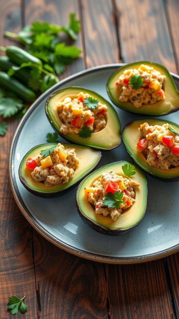 Halved avocados filled with tuna salad, garnished with cilantro on a wooden table.